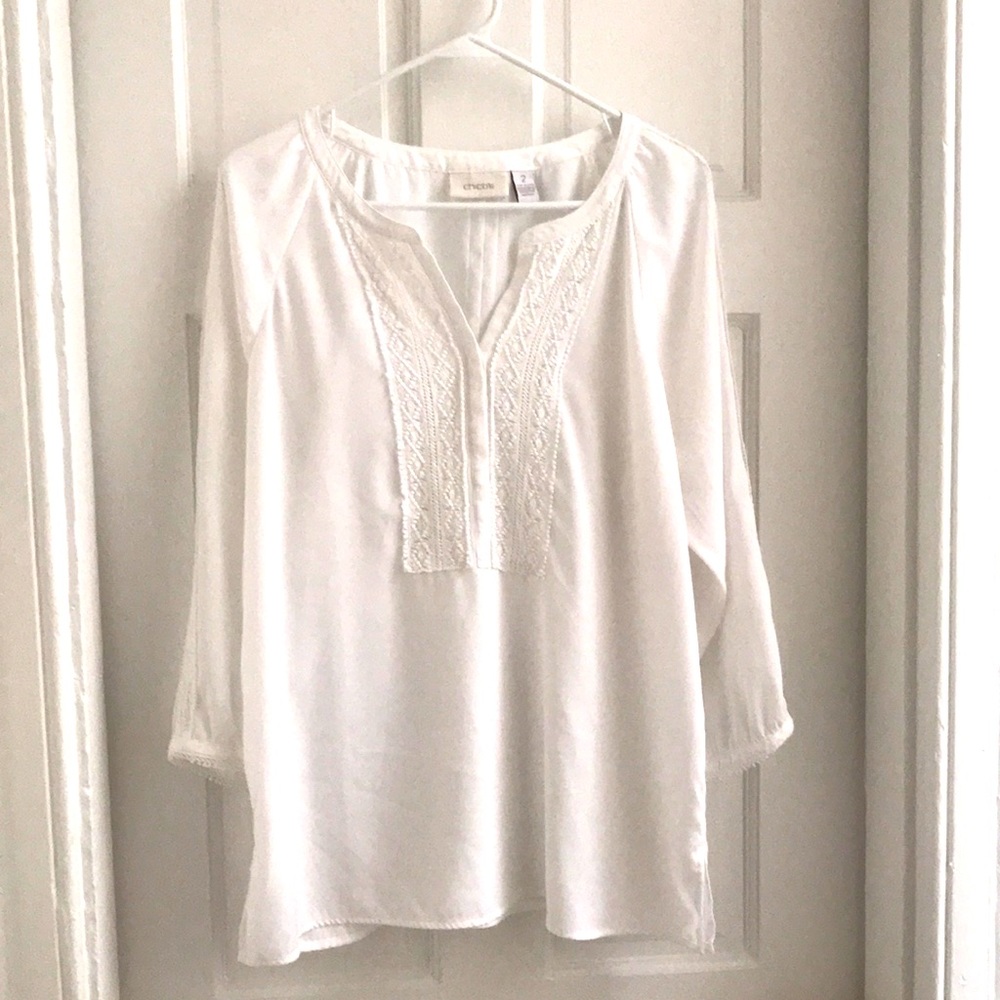 Chico's Silky V Neck Embroidered Lace Blouse, 2
